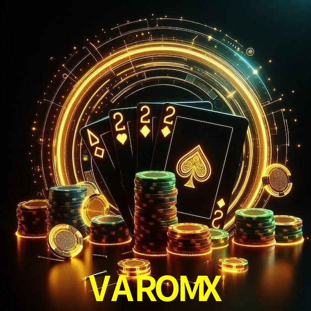 Escena dinámica inspirada en casino con iluminación VAROMX, cartas, fichas e íconos de juegos digitales en un espacio moderno de juegos.